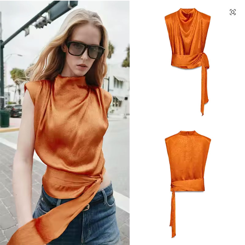 Satin Shawl Collar Sleeveless  - Silk Blouse recension och pris